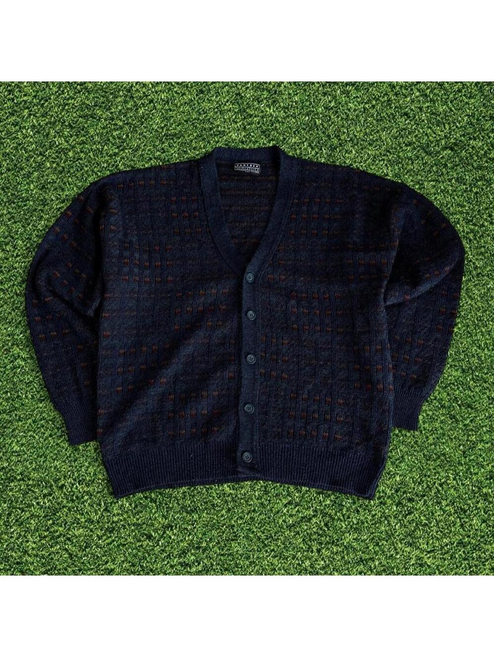 Vintage 90s Jantzen Classics Navy Brown Plaid Wool Cardigan L
